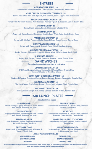 Ginny Lane lunch menu - entrees and more