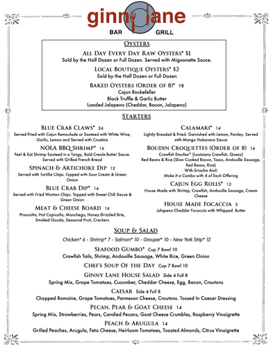 Ginny Lane diner menu - small plates