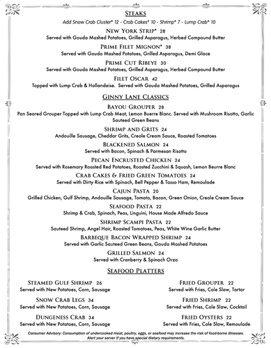 Ginny Lane diner menu - entrees and more