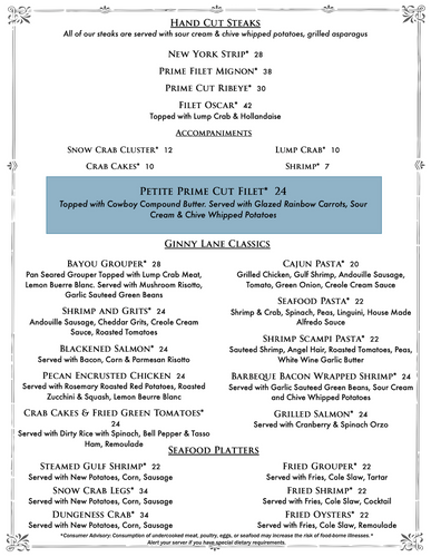 Ginny Lane diner menu - entrees and more